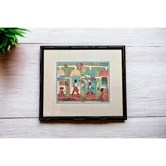 Chicken Gade Folk Art Print-Signed King-Framed 15x13-Caribbean Scene-Haitian - Picture 3 of 8